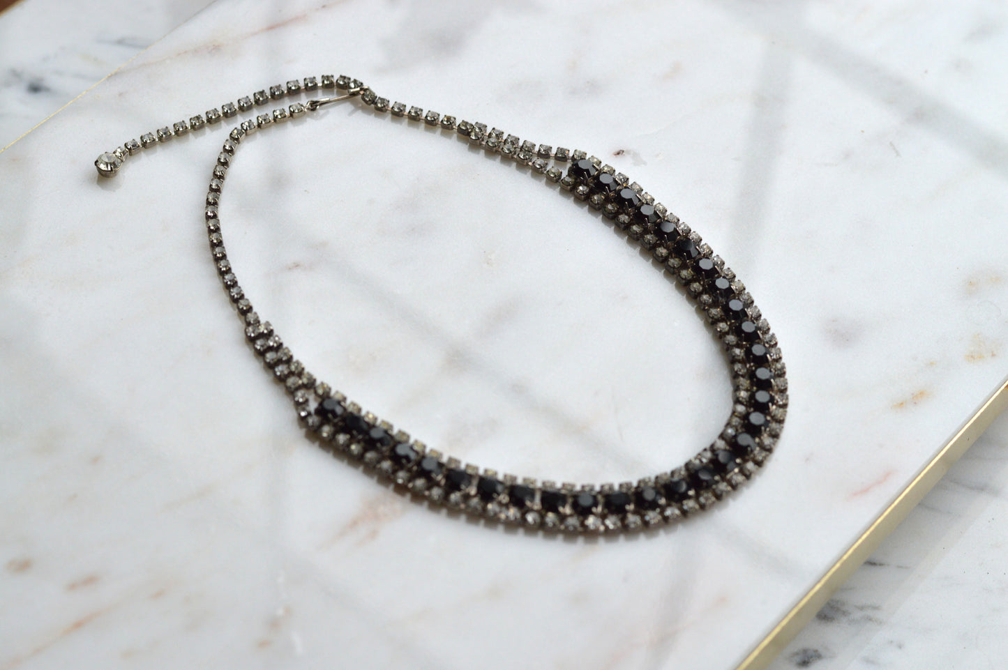 Vintage 1960s Black & Clear Rhinestone Statement Collar | Rhodium Plated Railtrack Necklace | Mid-Century Glamour | Adjustable Hook Closure