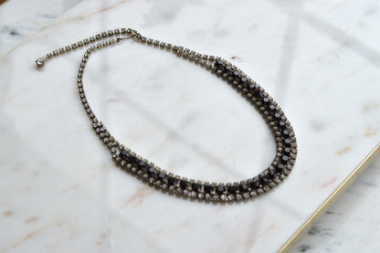 Vintage 1960s Black & Clear Rhinestone Statement Collar | Rhodium Plated Railtrack Necklace | Mid-Century Glamour | Adjustable Hook Closure