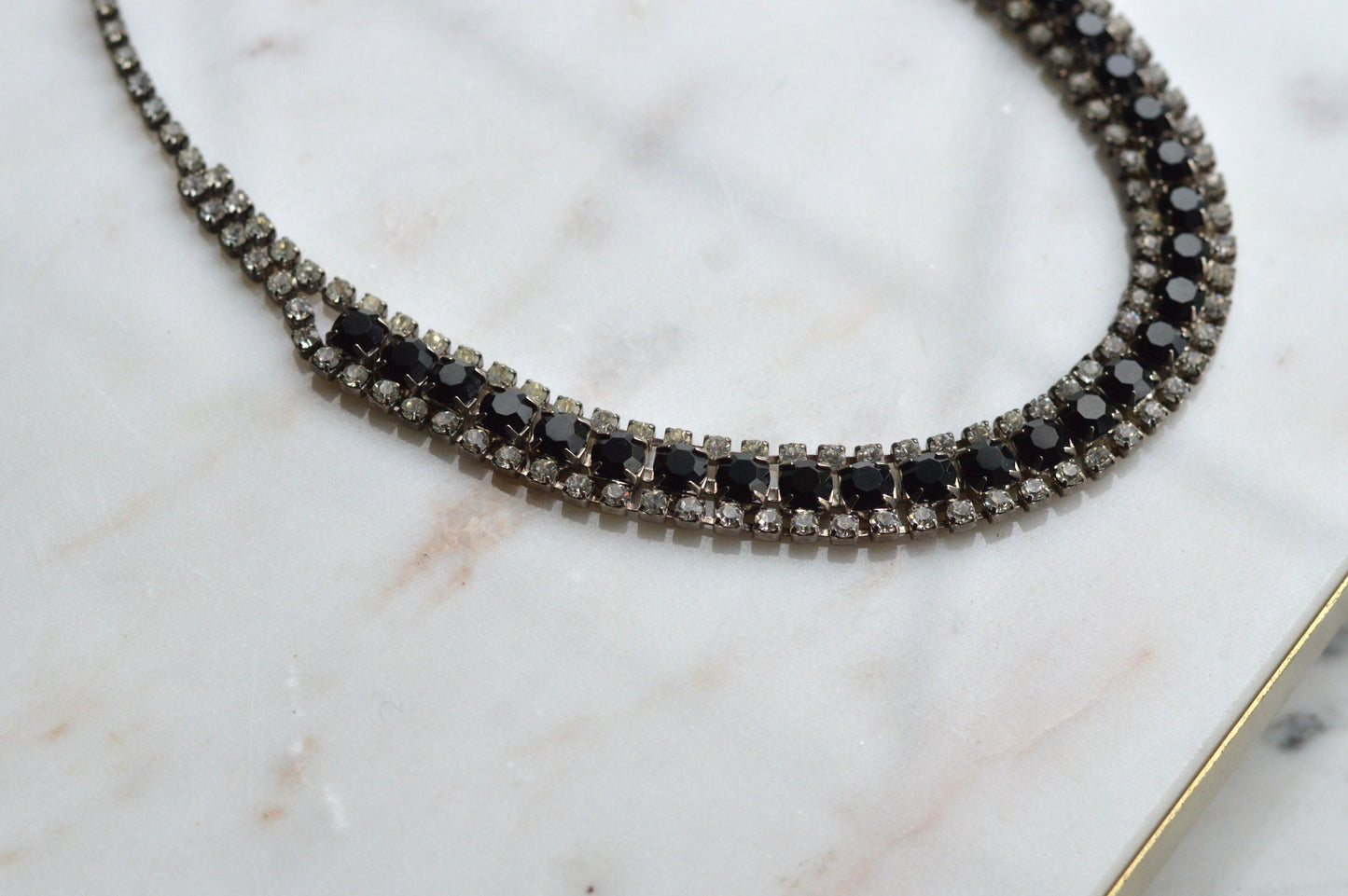Vintage 1960s Black & Clear Rhinestone Statement Collar | Rhodium Plated Railtrack Necklace | Mid-Century Glamour | Adjustable Hook Closure