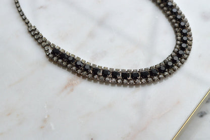 Vintage 1960s Black & Clear Rhinestone Statement Collar | Rhodium Plated Railtrack Necklace | Mid-Century Glamour | Adjustable Hook Closure