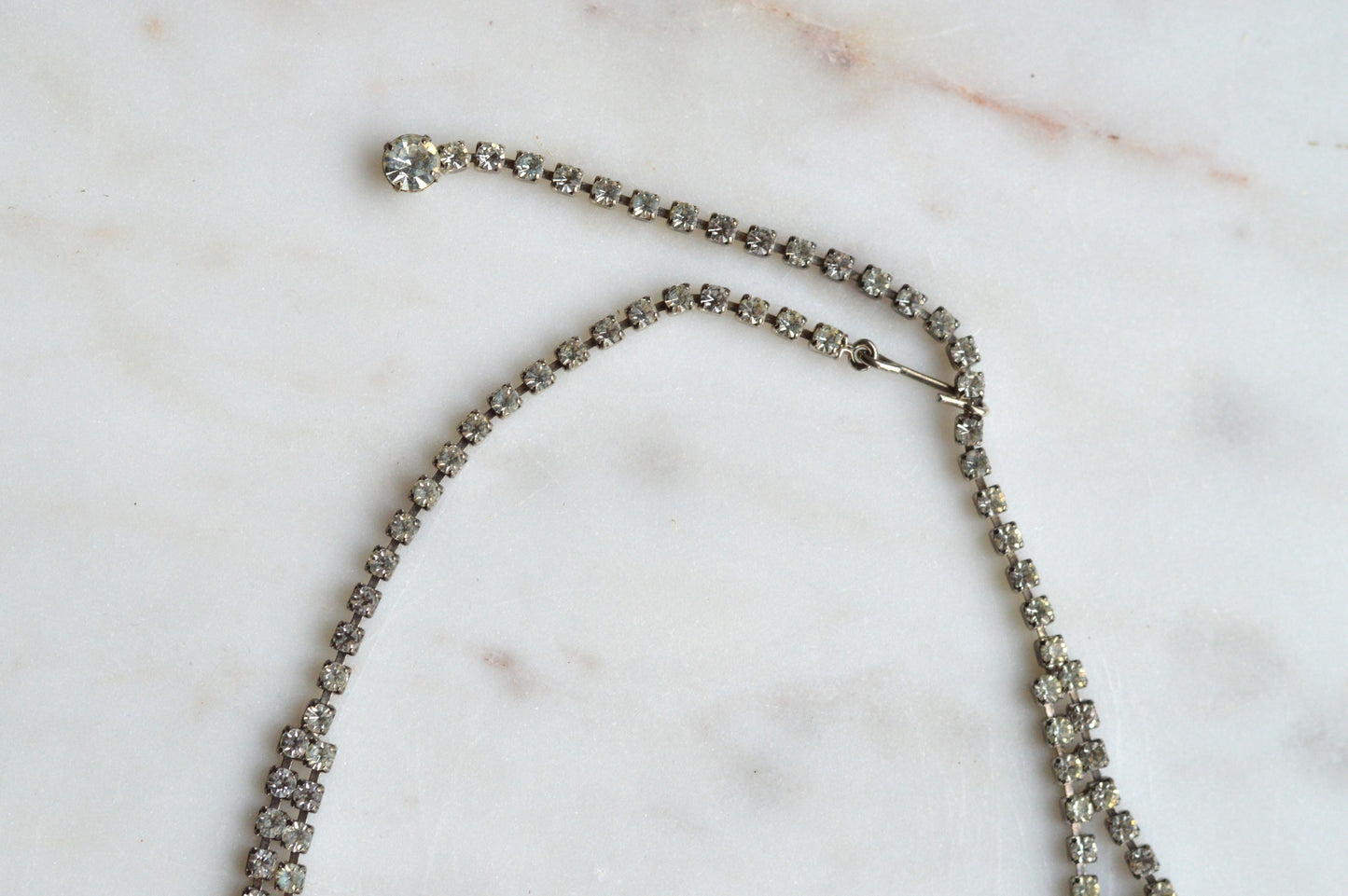 Vintage 1960s Black & Clear Rhinestone Statement Collar | Rhodium Plated Railtrack Necklace | Mid-Century Glamour | Adjustable Hook Closure