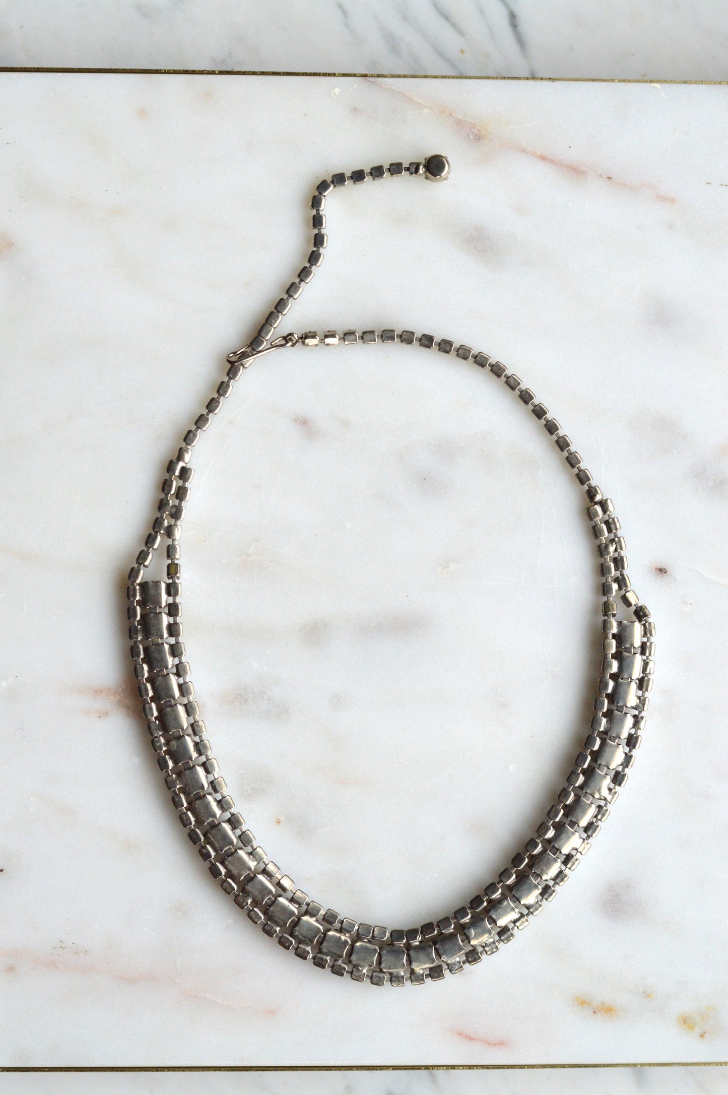 Vintage 1960s Black & Clear Rhinestone Statement Collar | Rhodium Plated Railtrack Necklace | Mid-Century Glamour | Adjustable Hook Closure