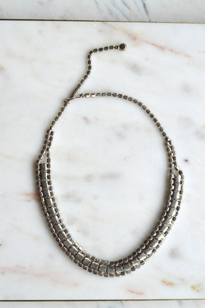 Vintage 1960s Black & Clear Rhinestone Statement Collar | Rhodium Plated Railtrack Necklace | Mid-Century Glamour | Adjustable Hook Closure