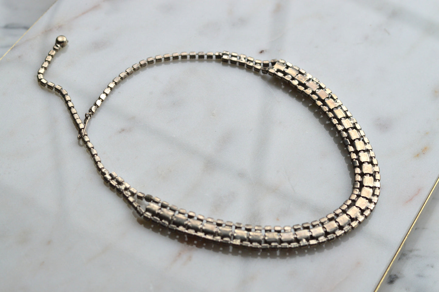 Vintage 1960s Black & Clear Rhinestone Statement Collar | Rhodium Plated Railtrack Necklace | Mid-Century Glamour | Adjustable Hook Closure