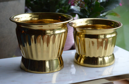Set of 2 Vintage Ribbed Brass Planter Pots | Hollywood Regency Fluted Metal Cachepots | Mid-Century Modern Brass Plant Containers | Made in India