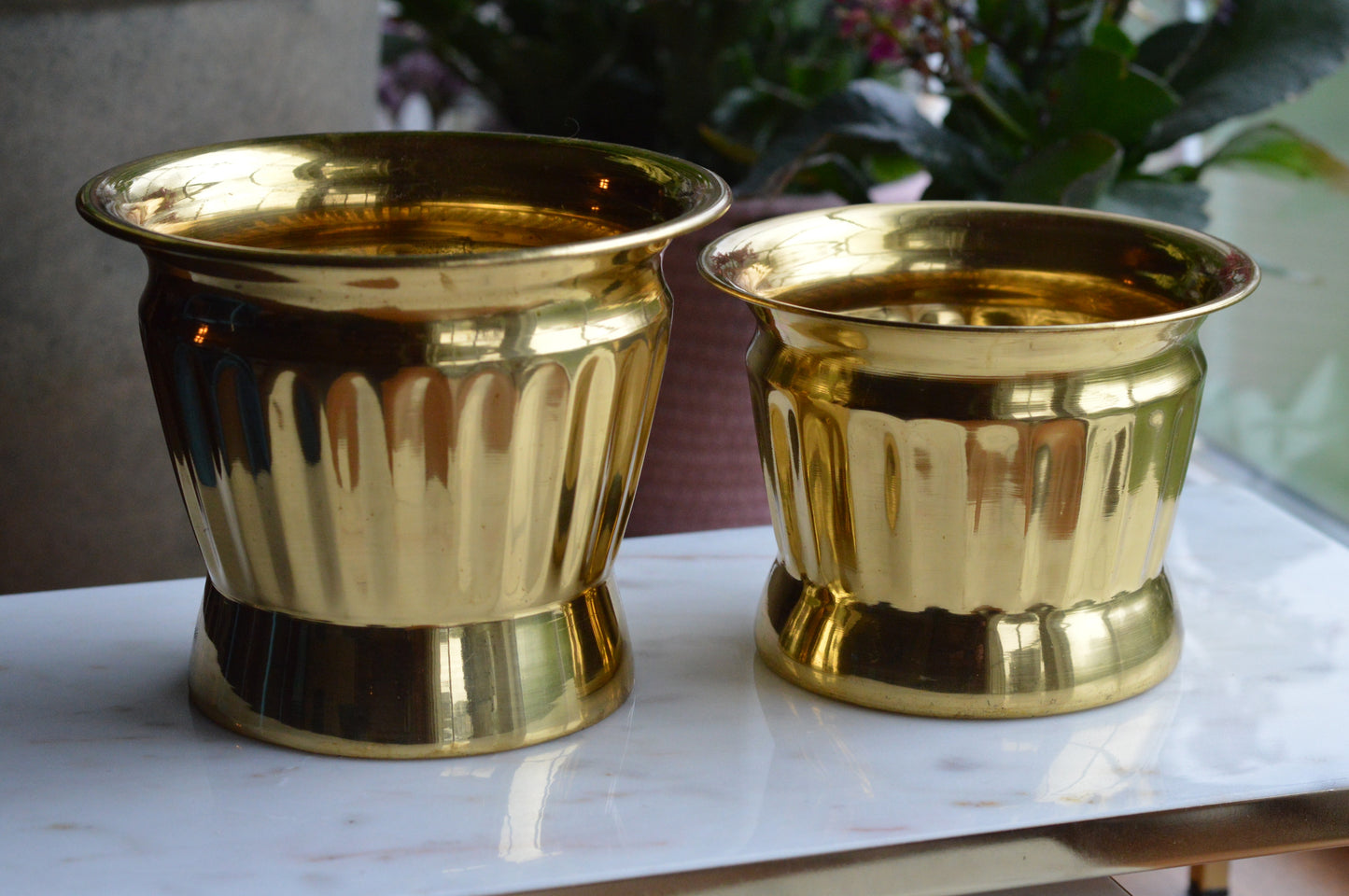 Set of 2 Vintage Ribbed Brass Planter Pots | Hollywood Regency Fluted Metal Cachepots | Mid-Century Modern Brass Plant Containers | Made in India