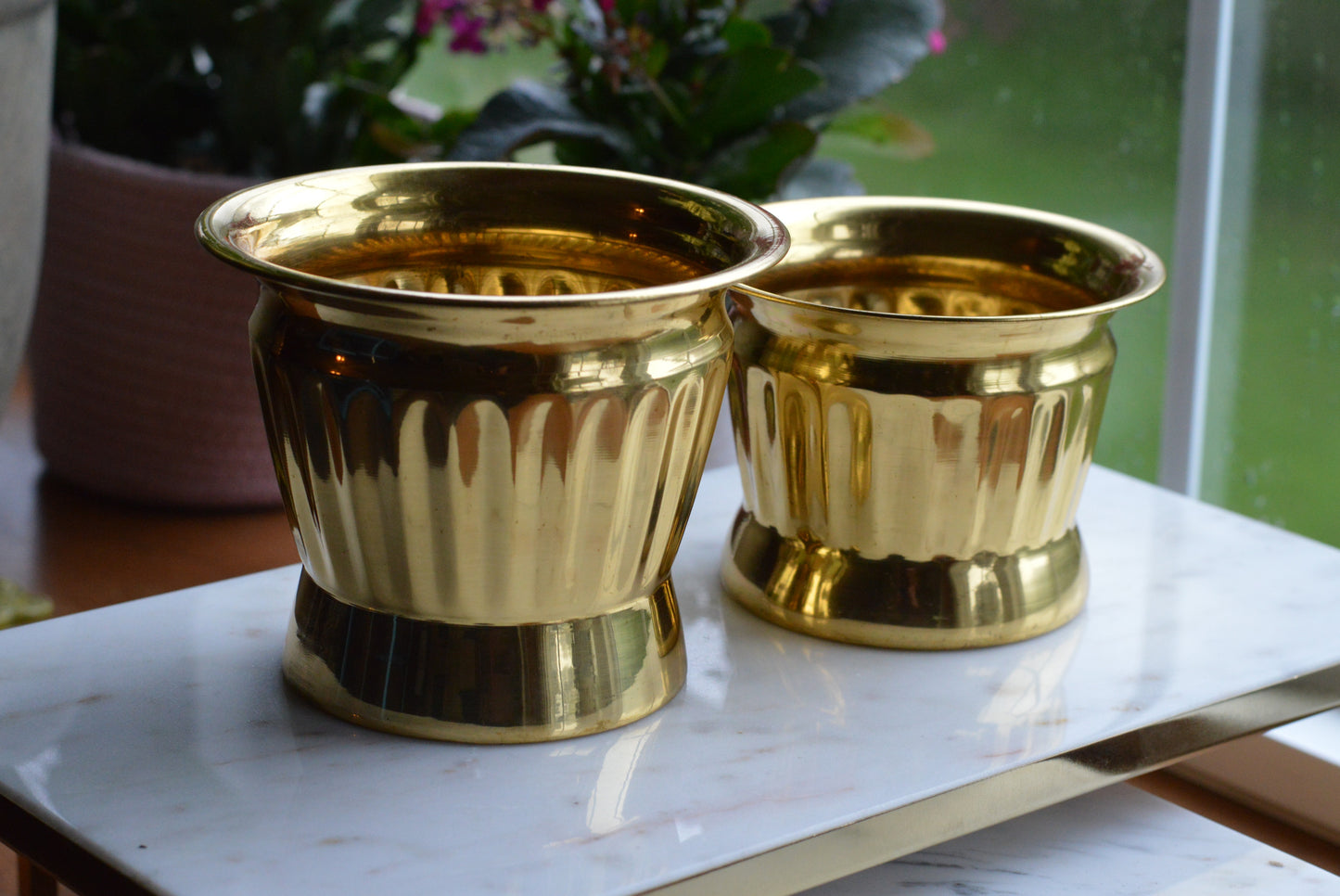 Set of 2 Vintage Ribbed Brass Planter Pots | Hollywood Regency Fluted Metal Cachepots | Mid-Century Modern Brass Plant Containers | Made in India