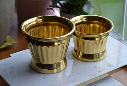 Set of 2 Vintage Ribbed Brass Planter Pots | Hollywood Regency Fluted Metal Cachepots | Mid-Century Modern Brass Plant Containers | Made in India