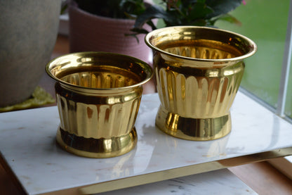 Set of 2 Vintage Ribbed Brass Planter Pots | Hollywood Regency Fluted Metal Cachepots | Mid-Century Modern Brass Plant Containers | Made in India
