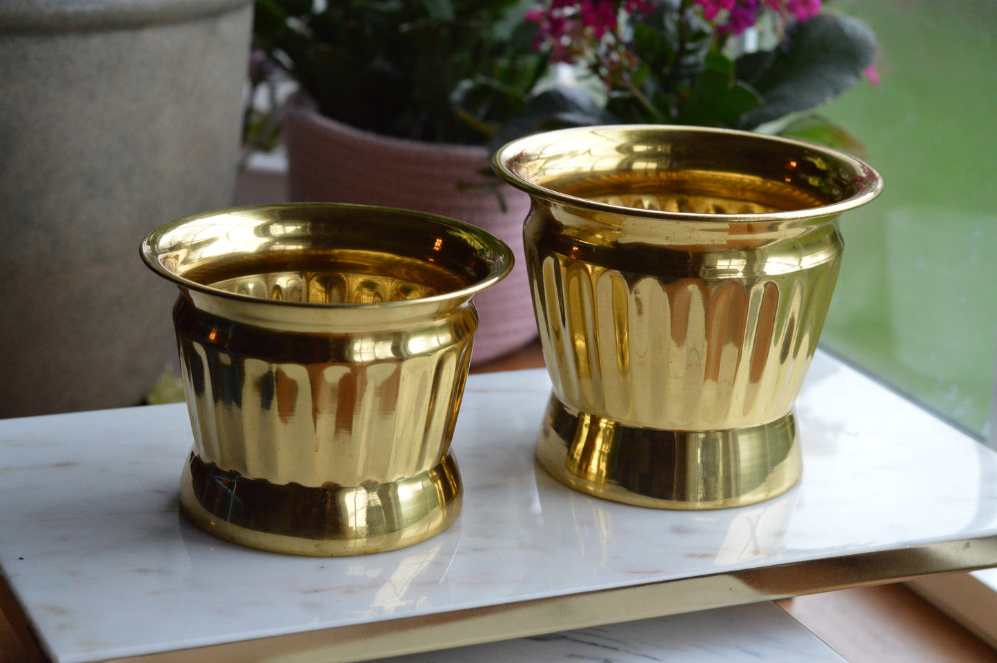 Set of 2 Vintage Ribbed Brass Planter Pots | Hollywood Regency Fluted Metal Cachepots | Mid-Century Modern Brass Plant Containers | Made in India