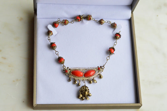 Vintage Czech Art Nouveau Bib Necklace | Red Faux Coral Glass & Brass Filigree | Neiger Brothers Style Lavaliere | 1920s Bohemian Statemen
