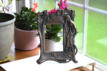 Vintage Art Nouveau Cast Iron Picture Frame | Ornate Lady with Butterfly & Lilies | Copper Wash Relief Tabletop Frame | Figural Nymph Design 11" x 8"