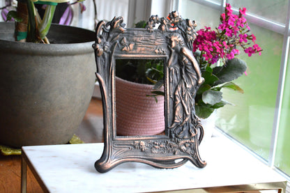 Vintage Art Nouveau Cast Iron Picture Frame | Ornate Lady with Butterfly & Lilies | Copper Wash Relief Tabletop Frame | Figural Nymph Design 11" x 8"