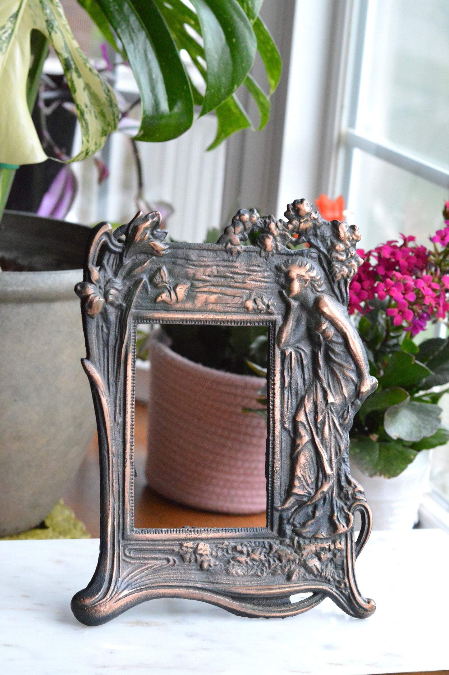 Vintage Art Nouveau Cast Iron Picture Frame | Ornate Lady with Butterfly & Lilies | Copper Wash Relief Tabletop Frame | Figural Nymph Design 11" x 8"