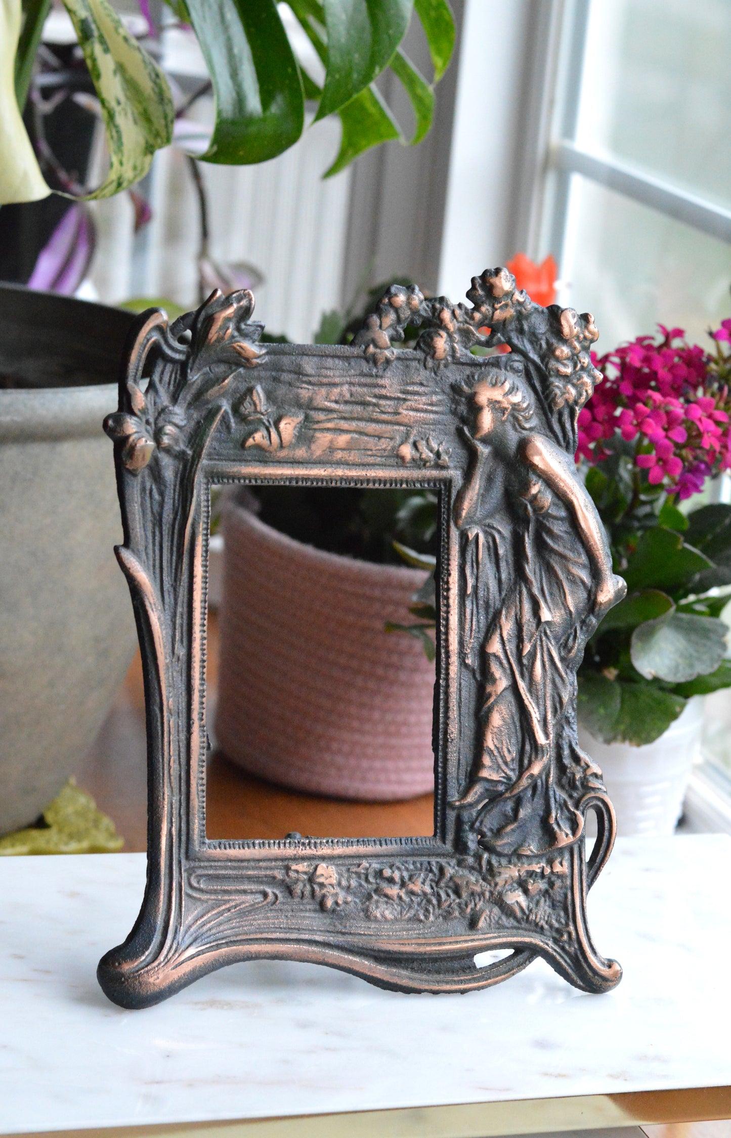 Vintage Art Nouveau Cast Iron Picture Frame | Ornate Lady with Butterfly & Lilies | Copper Wash Relief Tabletop Frame | Figural Nymph Design 11" x 8"