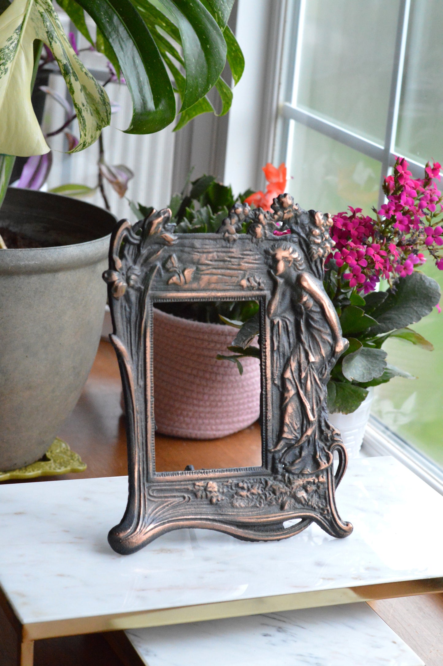 Vintage Art Nouveau Cast Iron Picture Frame | Ornate Lady with Butterfly & Lilies | Copper Wash Relief Tabletop Frame | Figural Nymph Design 11" x 8"