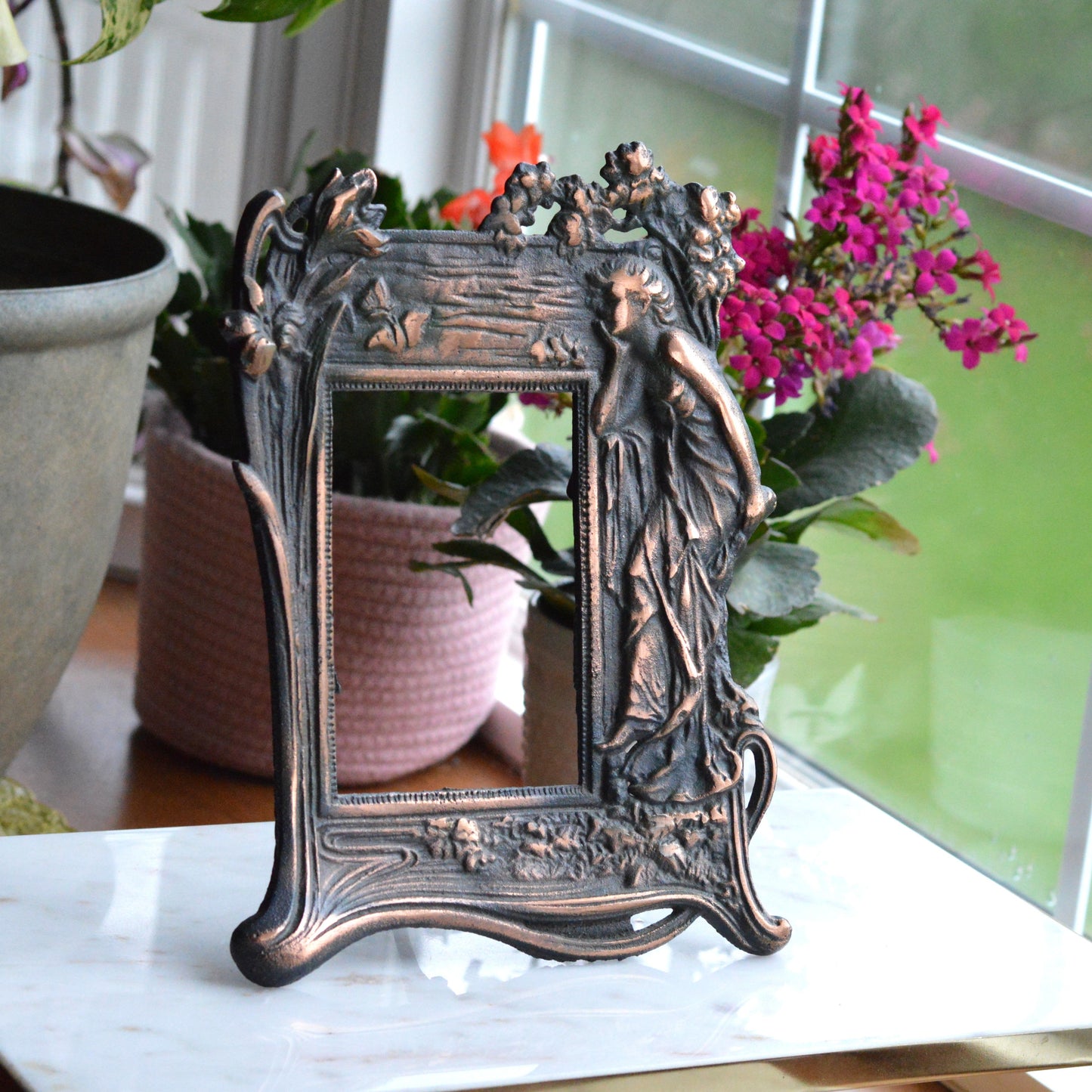 Vintage Art Nouveau Cast Iron Picture Frame | Ornate Lady with Butterfly & Lilies | Copper Wash Relief Tabletop Frame | Figural Nymph Design 11" x 8"