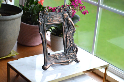 Vintage Art Nouveau Cast Iron Picture Frame | Ornate Lady with Butterfly & Lilies | Copper Wash Relief Tabletop Frame | Figural Nymph Design 11" x 8"