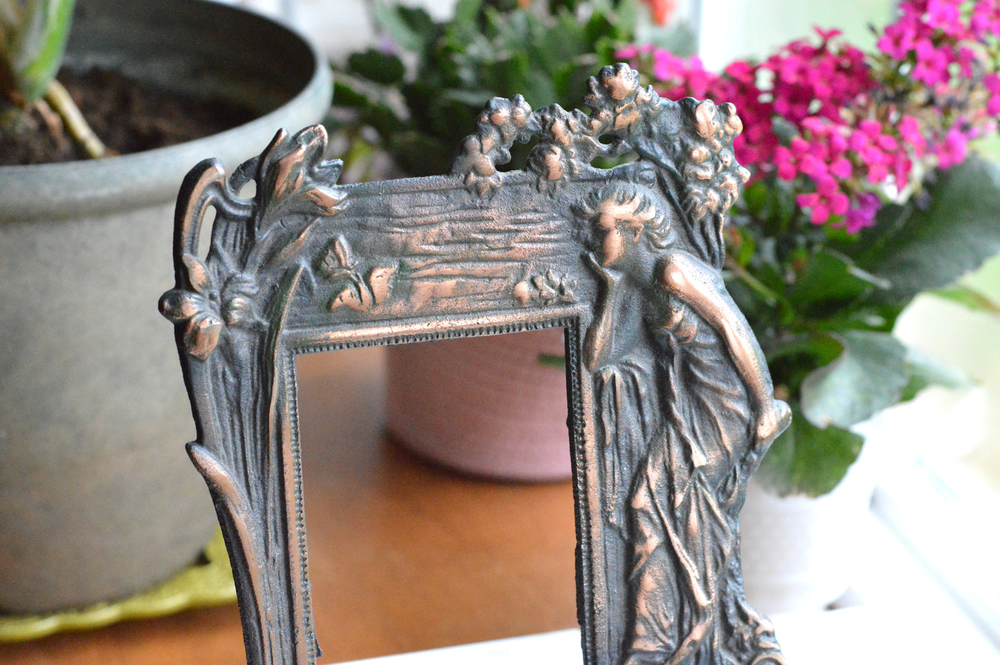 Vintage Art Nouveau Cast Iron Picture Frame | Ornate Lady with Butterfly & Lilies | Copper Wash Relief Tabletop Frame | Figural Nymph Design 11" x 8"