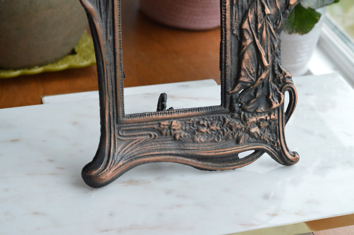 Vintage Art Nouveau Cast Iron Picture Frame | Ornate Lady with Butterfly & Lilies | Copper Wash Relief Tabletop Frame | Figural Nymph Design 11" x 8"