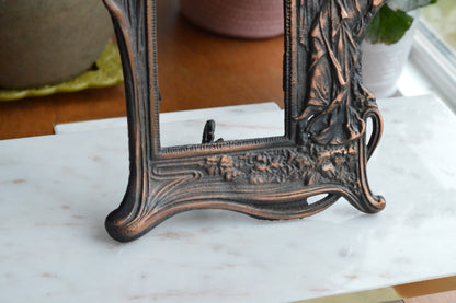 Vintage Art Nouveau Cast Iron Picture Frame | Ornate Lady with Butterfly & Lilies | Copper Wash Relief Tabletop Frame | Figural Nymph Design 11" x 8"