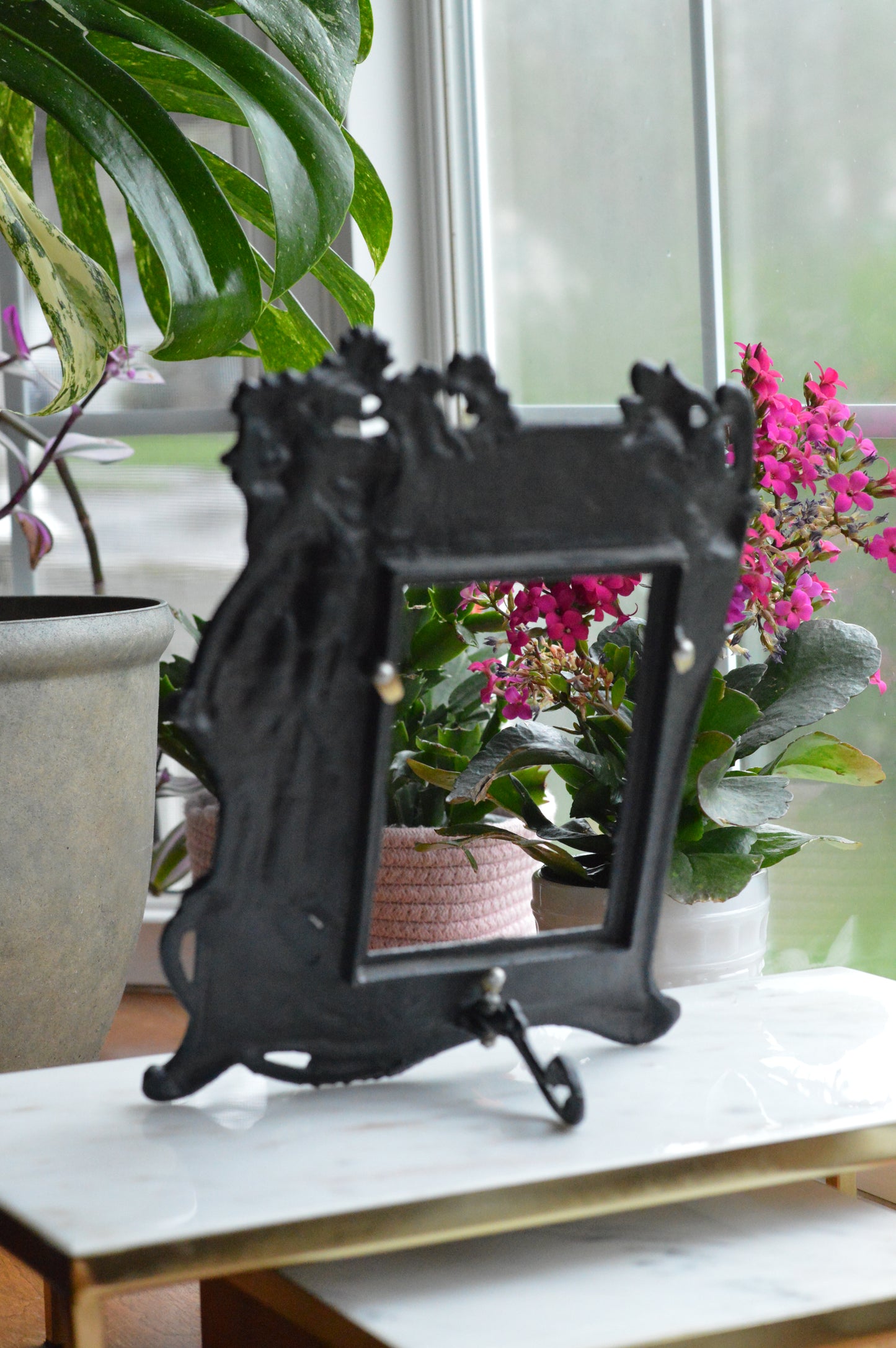 Vintage Art Nouveau Cast Iron Picture Frame | Ornate Lady with Butterfly & Lilies | Copper Wash Relief Tabletop Frame | Figural Nymph Design 11" x 8"