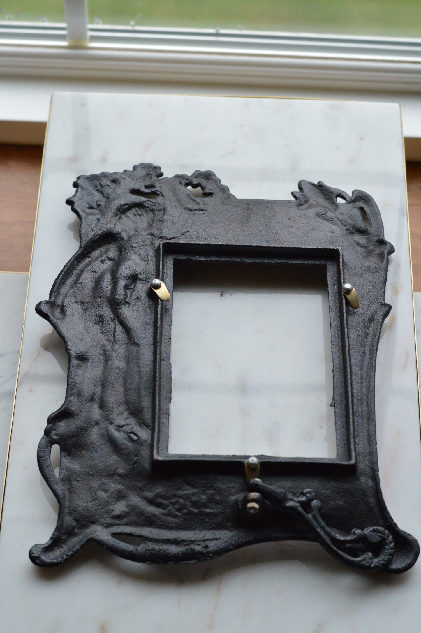 Vintage Art Nouveau Cast Iron Picture Frame | Ornate Lady with Butterfly & Lilies | Copper Wash Relief Tabletop Frame | Figural Nymph Design 11" x 8"