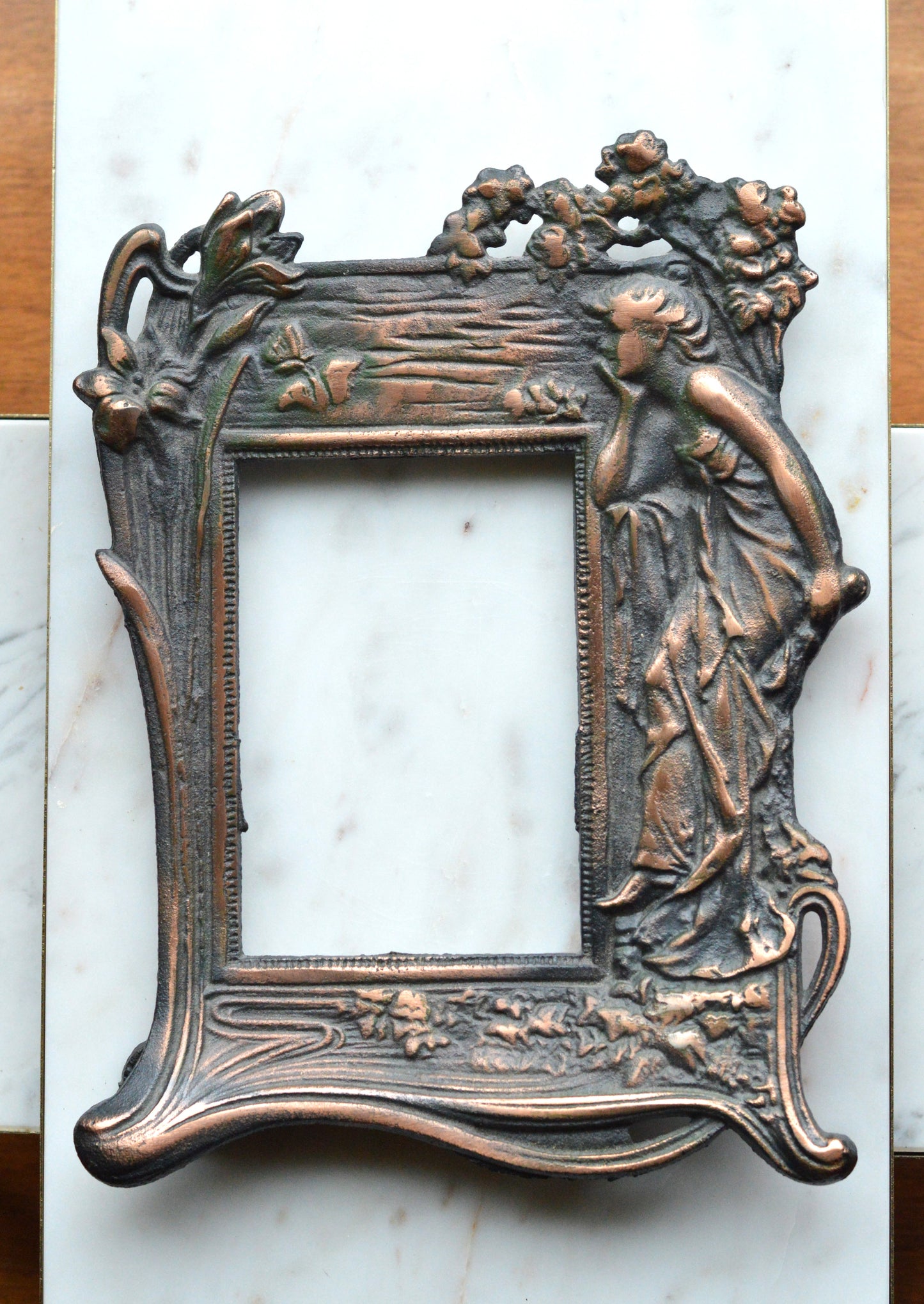 Vintage Art Nouveau Cast Iron Picture Frame | Ornate Lady with Butterfly & Lilies | Copper Wash Relief Tabletop Frame | Figural Nymph Design 11" x 8"