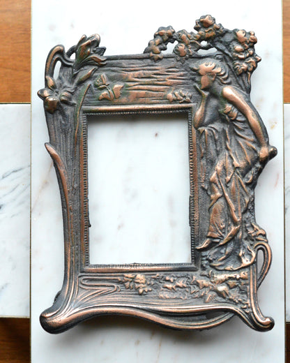 Vintage Art Nouveau Cast Iron Picture Frame | Ornate Lady with Butterfly & Lilies | Copper Wash Relief Tabletop Frame | Figural Nymph Design 11" x 8"