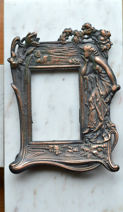 Vintage Art Nouveau Cast Iron Picture Frame | Ornate Lady with Butterfly & Lilies | Copper Wash Relief Tabletop Frame | Figural Nymph Design 11" x 8"