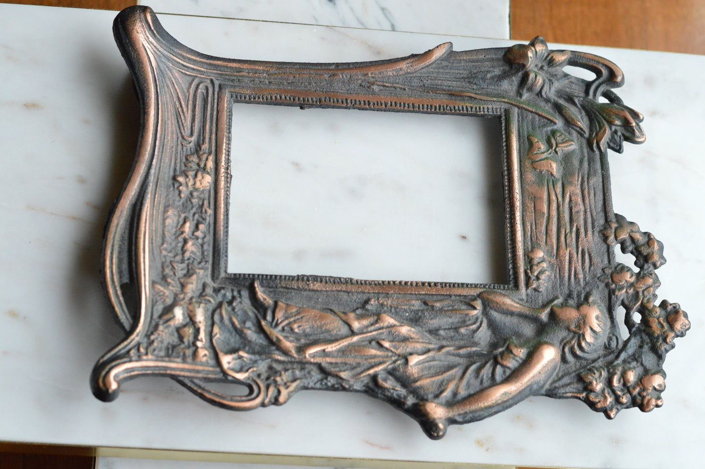 Vintage Art Nouveau Cast Iron Picture Frame | Ornate Lady with Butterfly & Lilies | Copper Wash Relief Tabletop Frame | Figural Nymph Design 11" x 8"