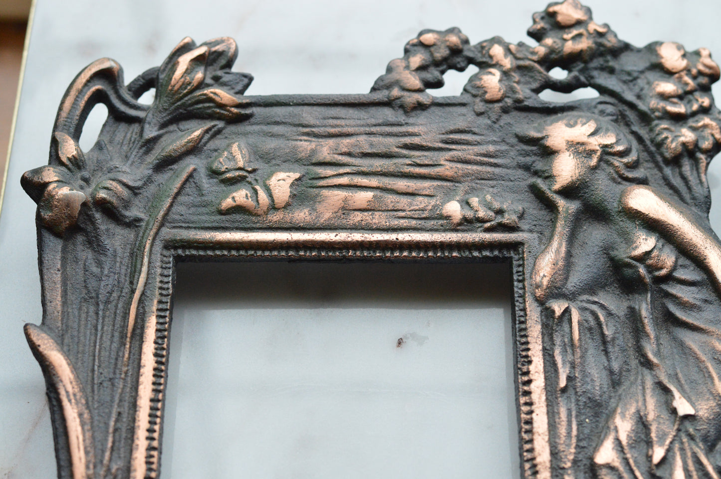 Vintage Art Nouveau Cast Iron Picture Frame | Ornate Lady with Butterfly & Lilies | Copper Wash Relief Tabletop Frame | Figural Nymph Design 11" x 8"
