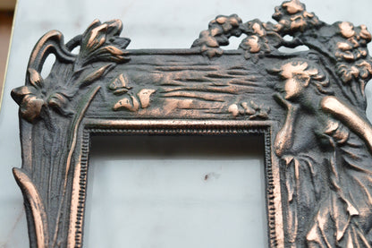 Vintage Art Nouveau Cast Iron Picture Frame | Ornate Lady with Butterfly & Lilies | Copper Wash Relief Tabletop Frame | Figural Nymph Design 11" x 8"
