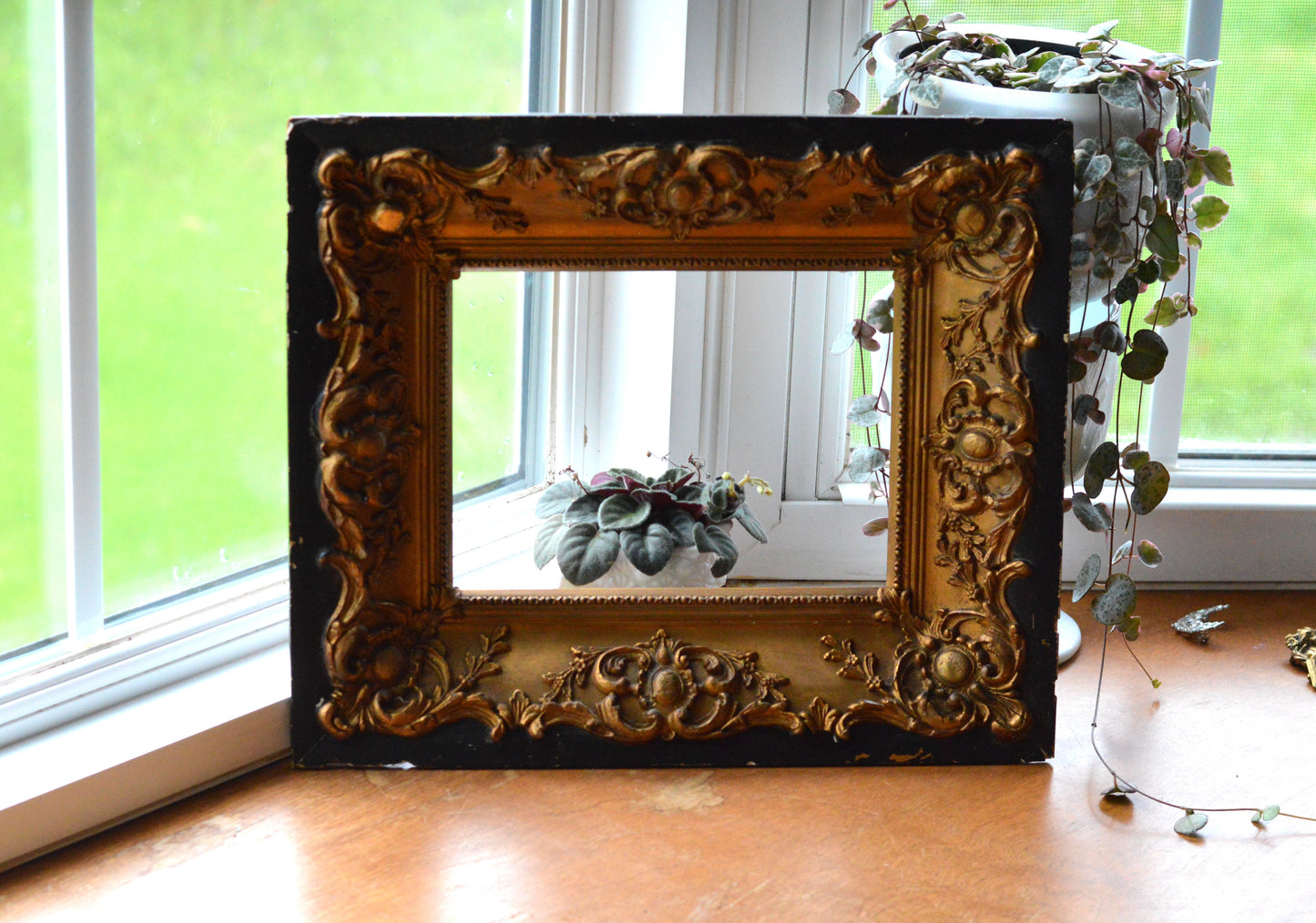 Antique Baroque Revival Giltwood Frame | 6x8 Opening Ornate Louis XV Style | 19th Century Acanthus Leaf High Relief | Black & Gold Statement Piece