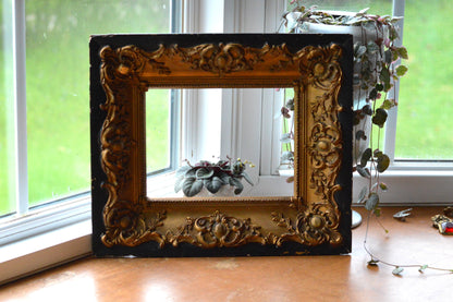 Antique Baroque Revival Giltwood Frame | 6x8 Opening Ornate Louis XV Style | 19th Century Acanthus Leaf High Relief | Black & Gold Statement Piece