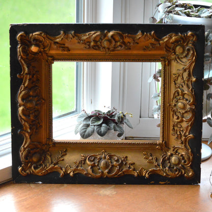Antique Baroque Revival Giltwood Frame | 6x8 Opening Ornate Louis XV Style | 19th Century Acanthus Leaf High Relief | Black & Gold Statement Piece
