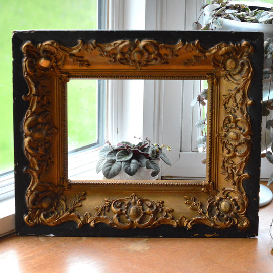 Antique Baroque Revival Giltwood Frame | 6x8 Opening Ornate Louis XV Style | 19th Century Acanthus Leaf High Relief | Black & Gold Statement Piece