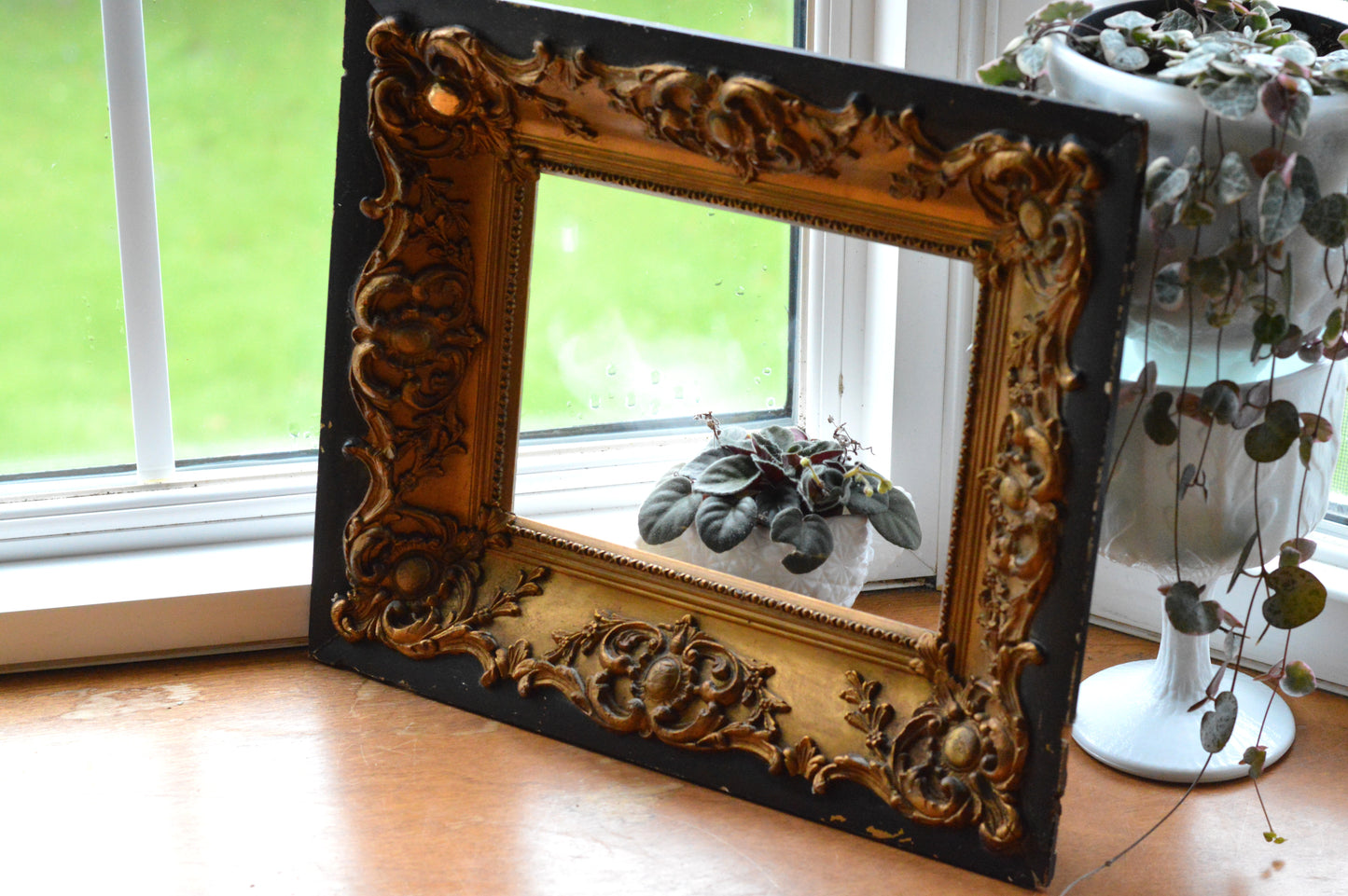 Antique Baroque Revival Giltwood Frame | 6x8 Opening Ornate Louis XV Style | 19th Century Acanthus Leaf High Relief | Black & Gold Statement Piece