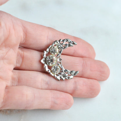 Vintage Silver Tone Crescent Moon Brooch | 1.15" Celestial Rhinestone Pin | Openwork Lunar Design | Mid-Century Modern Cosmic Accessory