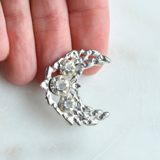 Vintage Silver Tone Crescent Moon Brooch | 1.15" Celestial Rhinestone Pin | Openwork Lunar Design | Mid-Century Modern Cosmic Accessory