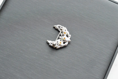 Vintage Silver Tone Crescent Moon Brooch | 1.15" Celestial Rhinestone Pin | Openwork Lunar Design | Mid-Century Modern Cosmic Accessory