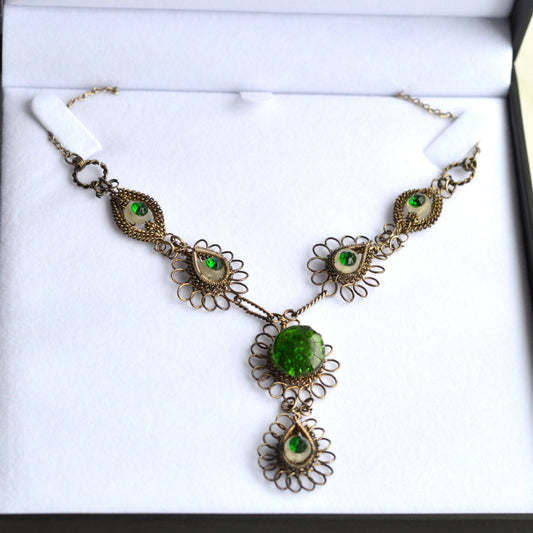 Antique Silesian Iron Wirework Necklace | Green Czech Glass Cabochons | 21.5" Victorian Art Nouveau Filigree| Bohemian Heirloom Jewelry