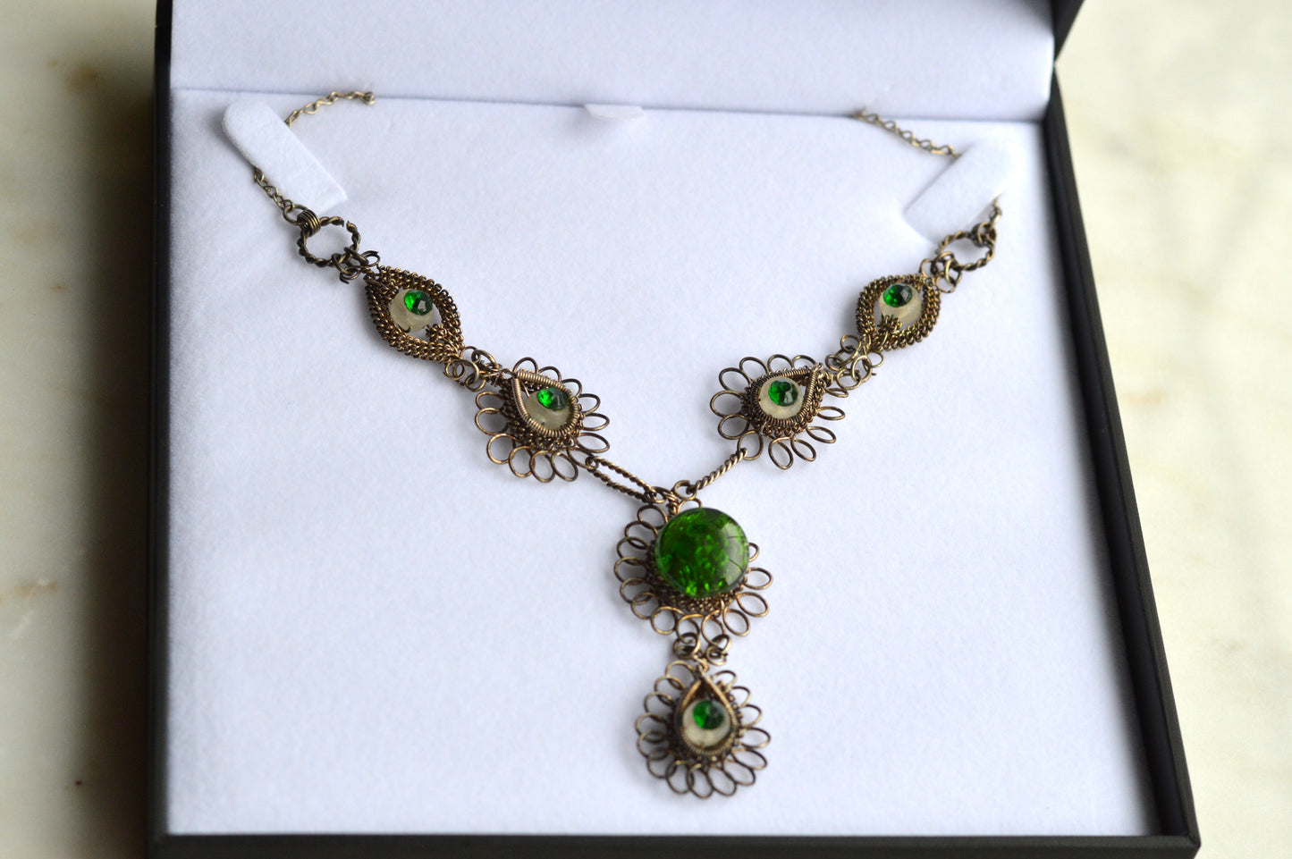 Antique Silesian Iron Wirework Necklace | Green Czech Glass Cabochons | 21.5" Victorian Art Nouveau Filigree| Bohemian Heirloom Jewelry