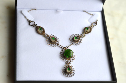 Antique Silesian Iron Wirework Necklace | Green Czech Glass Cabochons | 21.5" Victorian Art Nouveau Filigree| Bohemian Heirloom Jewelry