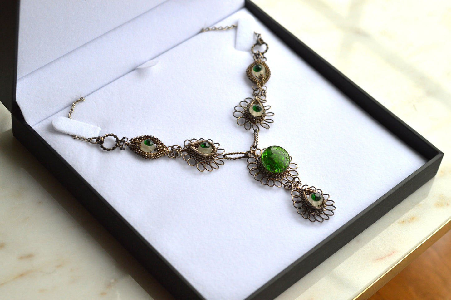 Antique Silesian Iron Wirework Necklace | Green Czech Glass Cabochons | 21.5" Victorian Art Nouveau Filigree| Bohemian Heirloom Jewelry