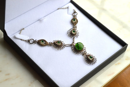 Antique Silesian Iron Wirework Necklace | Green Czech Glass Cabochons | 21.5" Victorian Art Nouveau Filigree| Bohemian Heirloom Jewelry