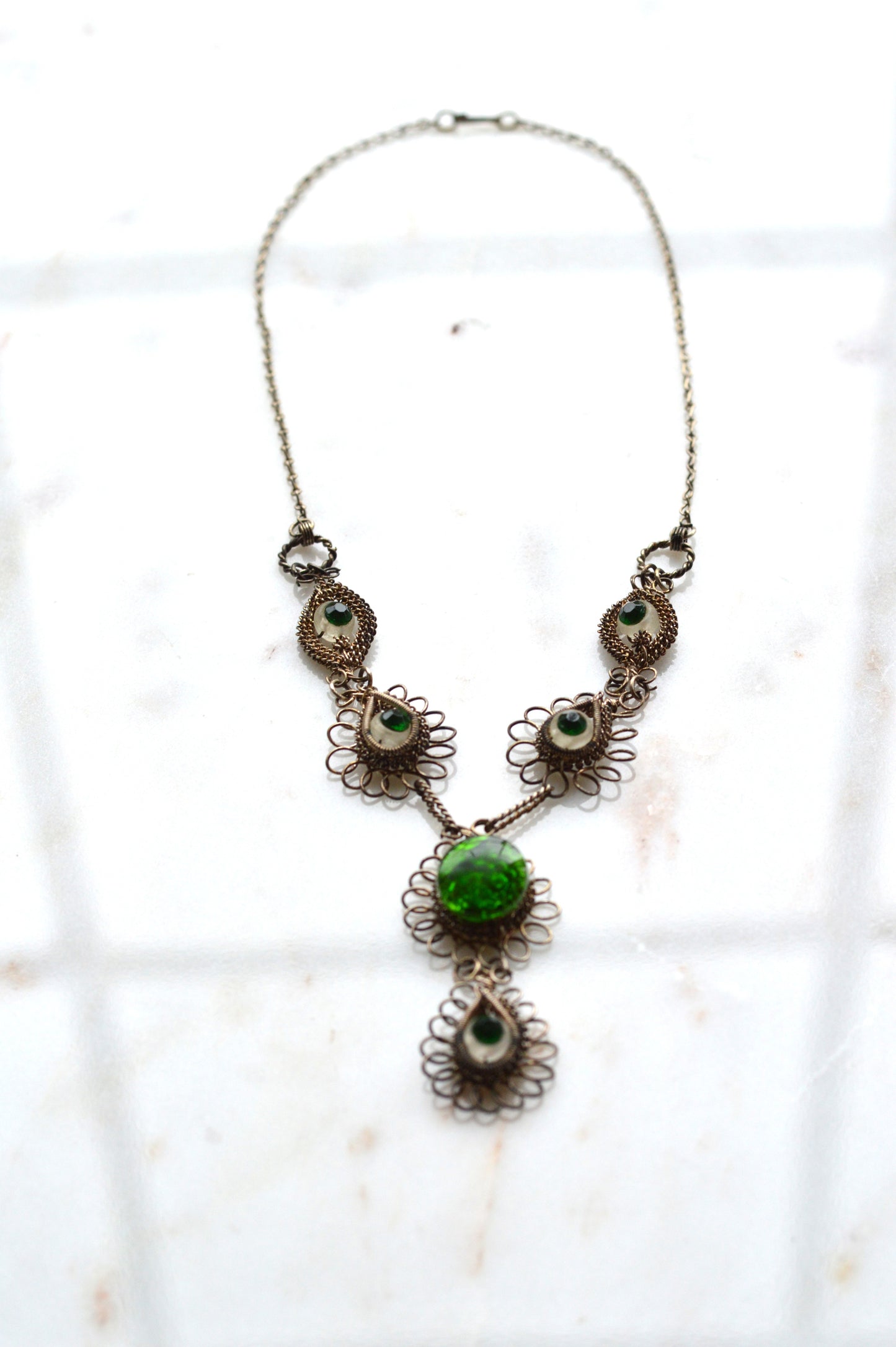Antique Silesian Iron Wirework Necklace | Green Czech Glass Cabochons | 21.5" Victorian Art Nouveau Filigree| Bohemian Heirloom Jewelry