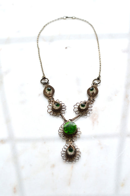 Antique Silesian Iron Wirework Necklace | Green Czech Glass Cabochons | 21.5" Victorian Art Nouveau Filigree| Bohemian Heirloom Jewelry