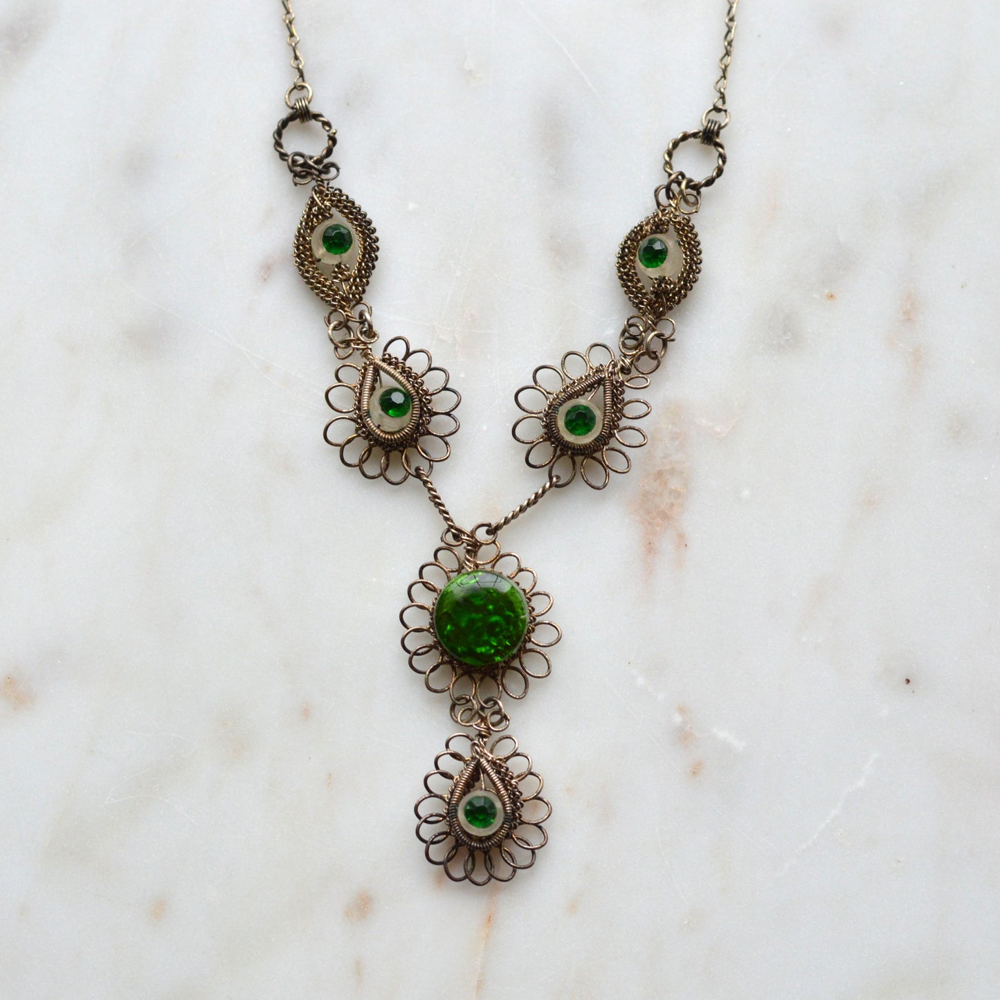 Antique Silesian Iron Wirework Necklace | Green Czech Glass Cabochons | 21.5" Victorian Art Nouveau Filigree| Bohemian Heirloom Jewelry