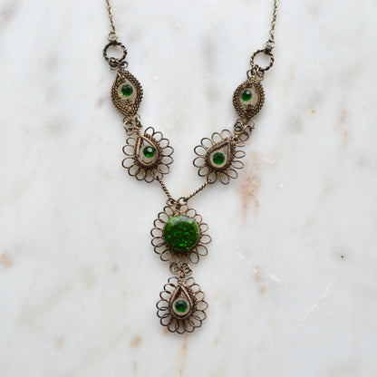 Antique Silesian Iron Wirework Necklace | Green Czech Glass Cabochons | 21.5" Victorian Art Nouveau Filigree| Bohemian Heirloom Jewelry